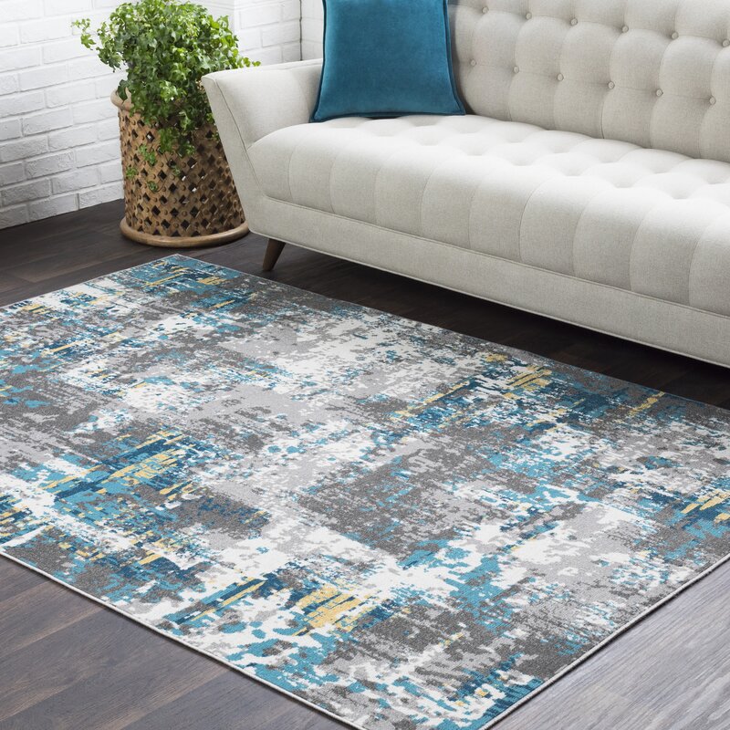 Ebern Designs Azurine Distressed Abstract Teal/Grey Area